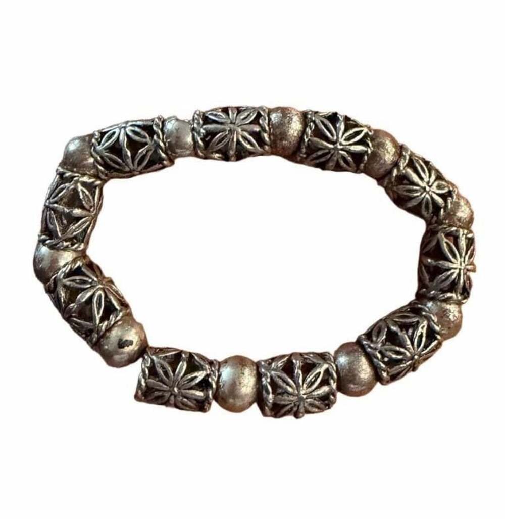 Silver-Plated Antique Flower Carved Tube Beads Bracelet